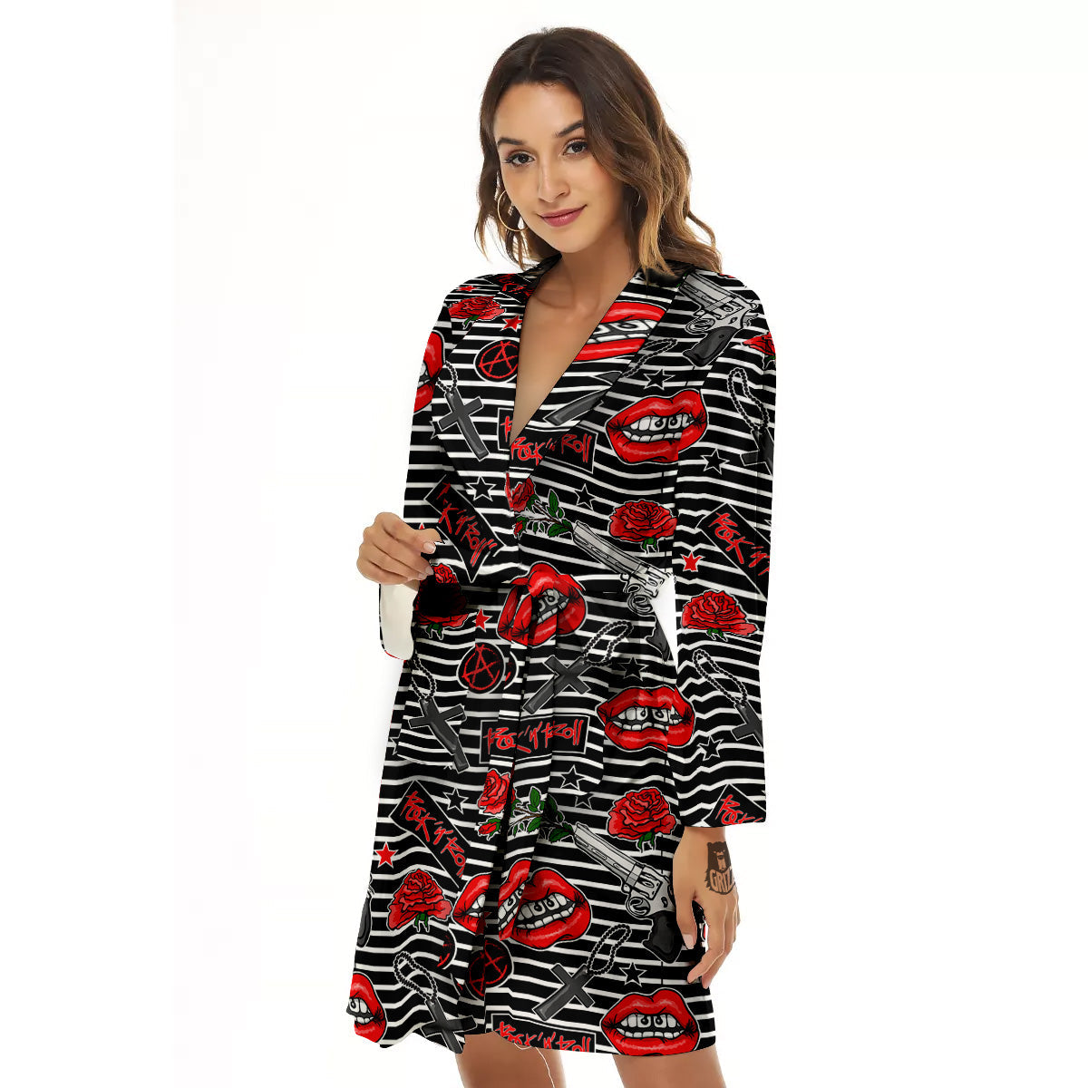 Rock’N’Roll Stiped Black White Print Pattern Women's Robe-grizzshop