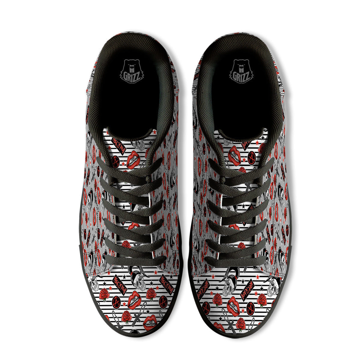 Rock’N’Roll Stiped White Black Print Pattern Black Low Top Sneakers-grizzshop