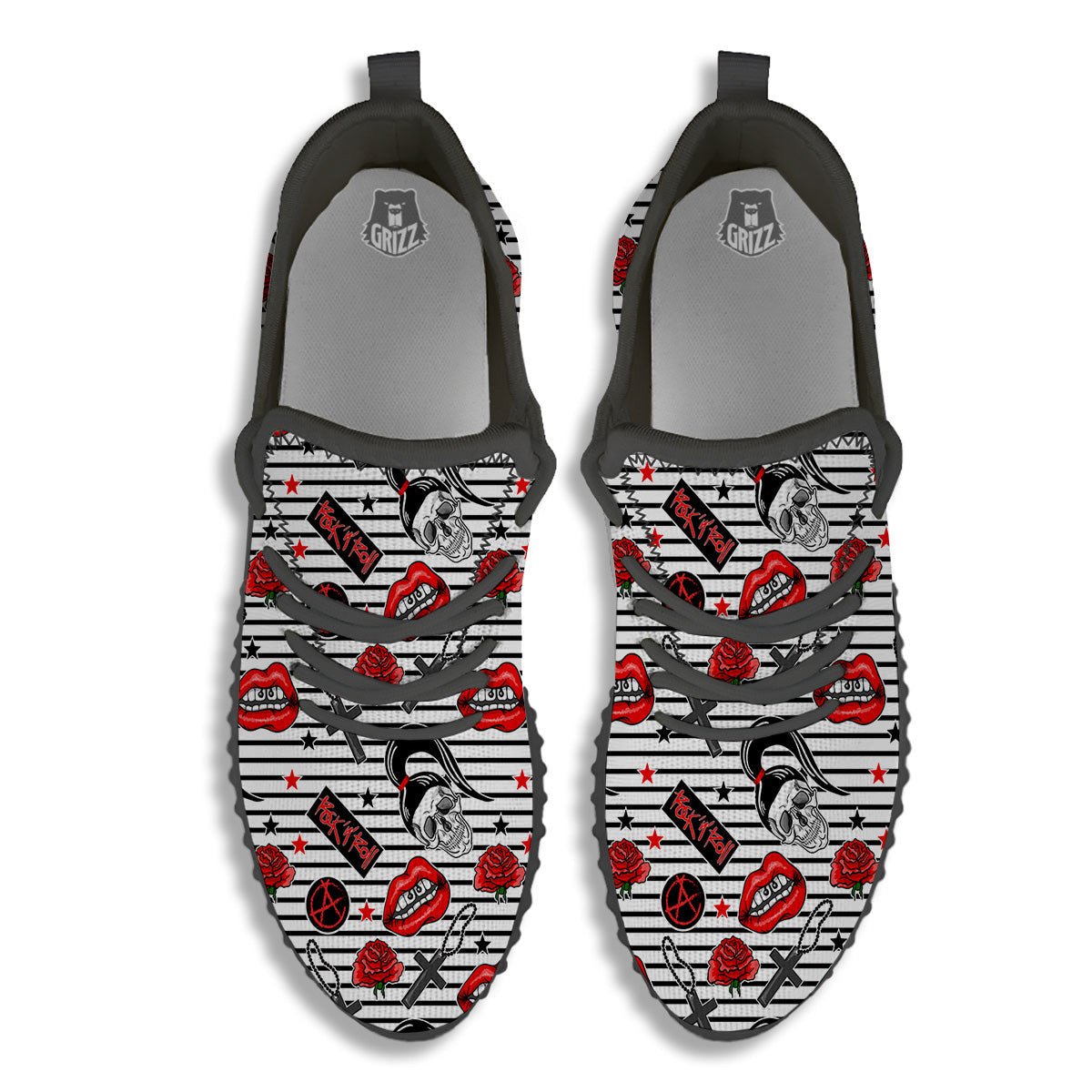 Rock’N’Roll Stiped White Black Print Pattern Black Walking Shoes-grizzshop