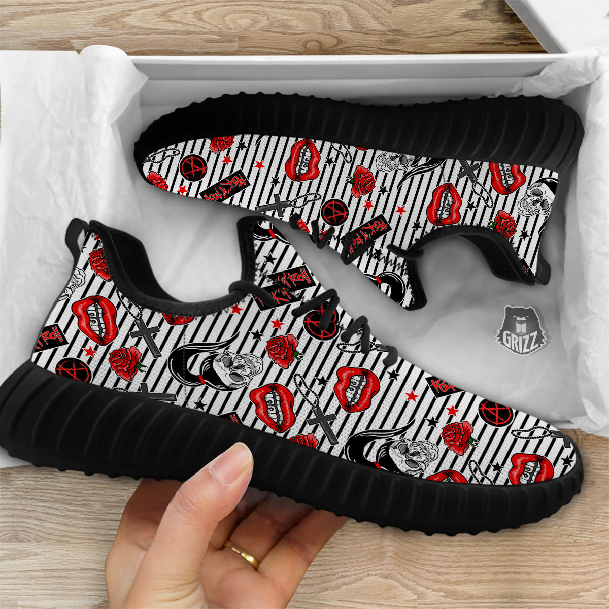 Rock’N’Roll Stiped White Black Print Pattern Black Walking Shoes-grizzshop