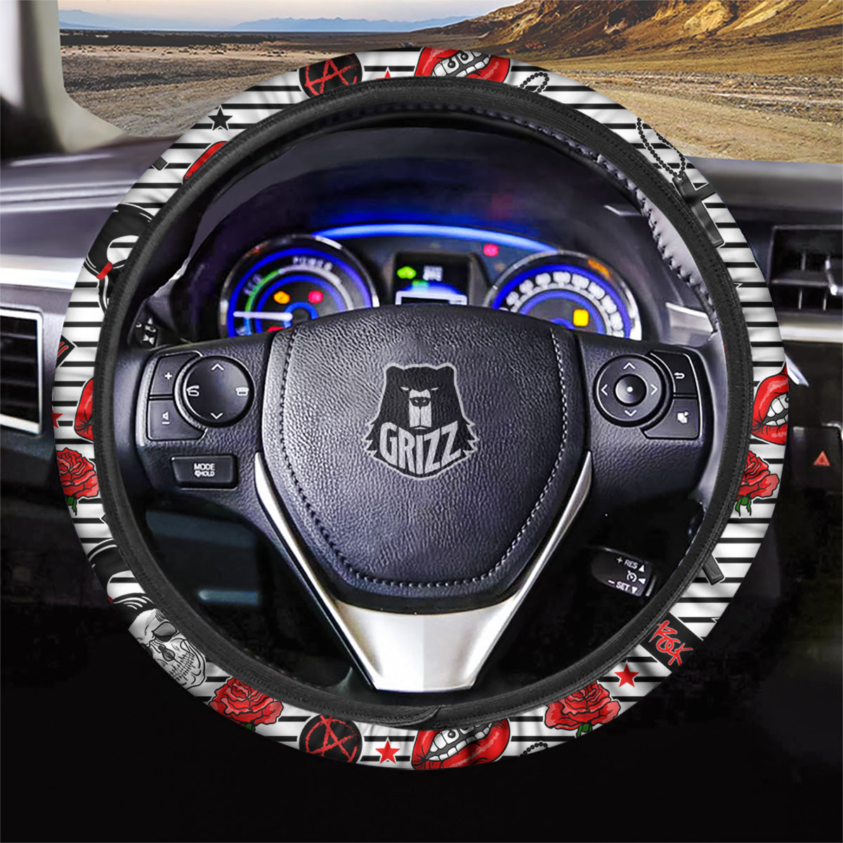 Rock’N’Roll Stiped White Black Print Pattern Car Steering Wheel Cover-grizzshop