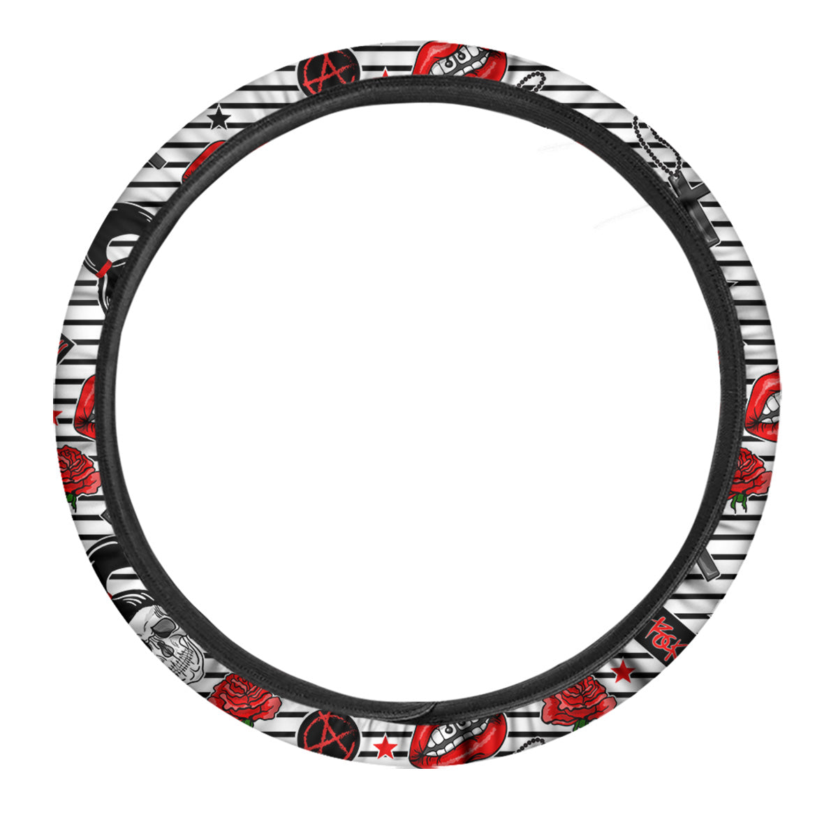 Rock’N’Roll Stiped White Black Print Pattern Car Steering Wheel Cover-grizzshop