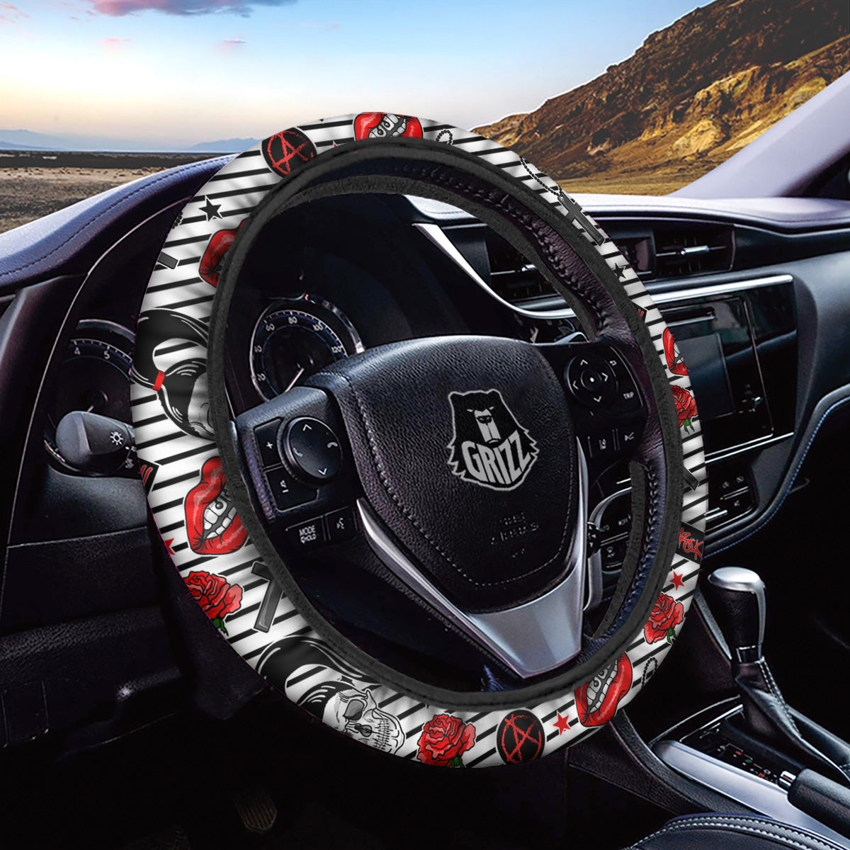 Rock’N’Roll Stiped White Black Print Pattern Car Steering Wheel Cover-grizzshop
