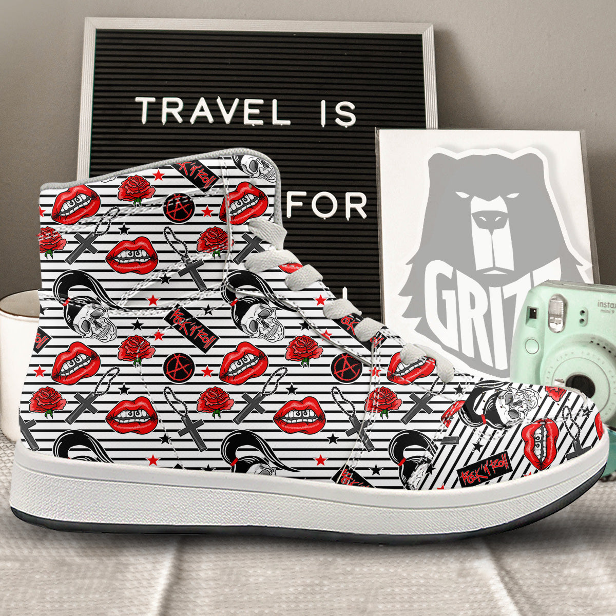 Rock’N’Roll Stiped White Black Print Pattern High Top Sneakers-grizzshop