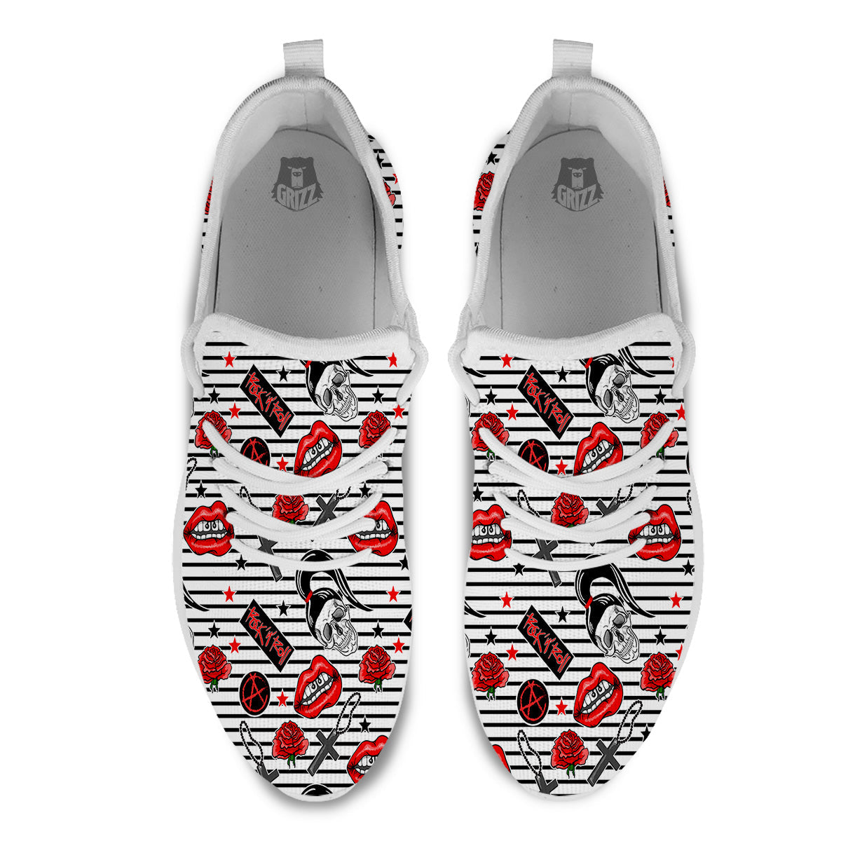 Rock’N’Roll Stiped White Black Print Pattern White Athletic Shoes-grizzshop