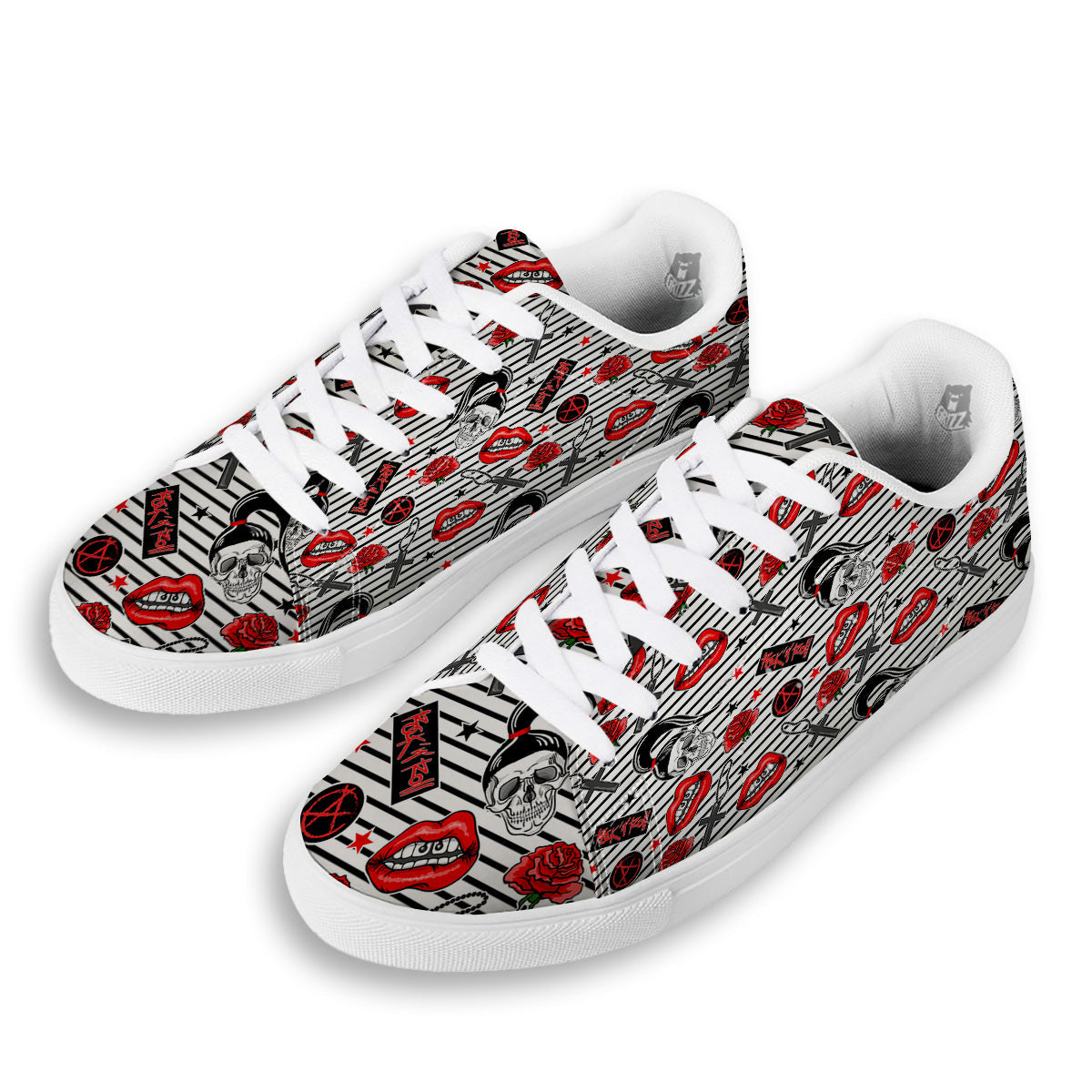 Rock’N’Roll Stiped White Black Print Pattern White Low Top Sneakers-grizzshop