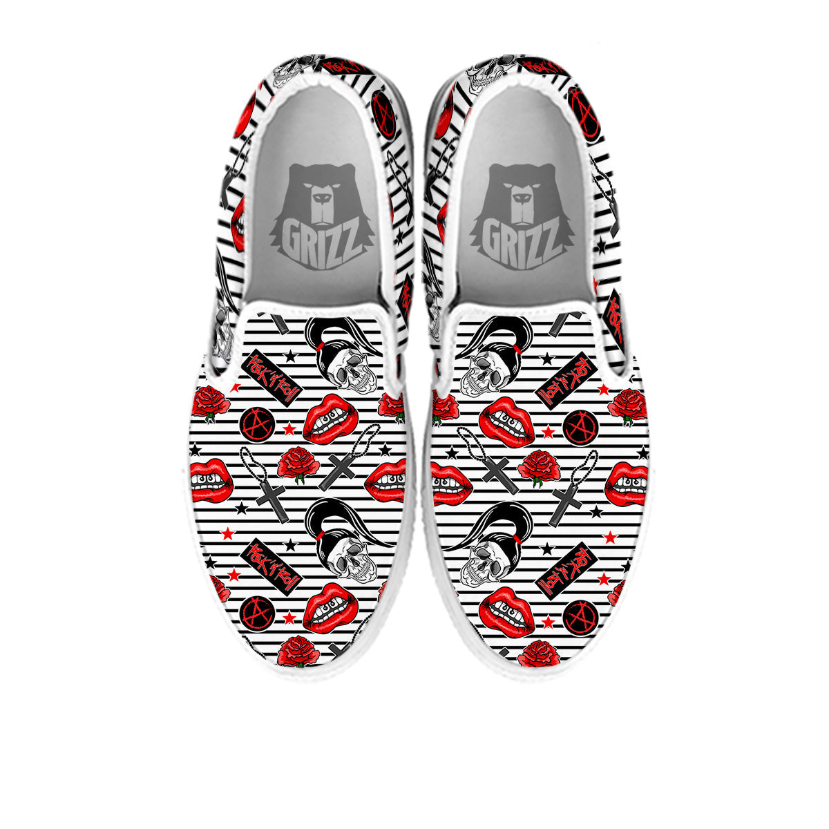 Rock’N’Roll Stiped White Black Print Pattern White Slip On Shoes-grizzshop