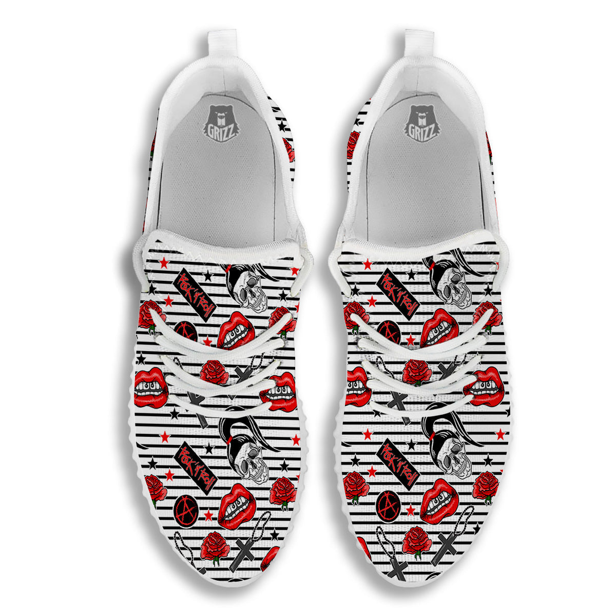 Rock’N’Roll Stiped White Black Print Pattern White Walking Shoes-grizzshop