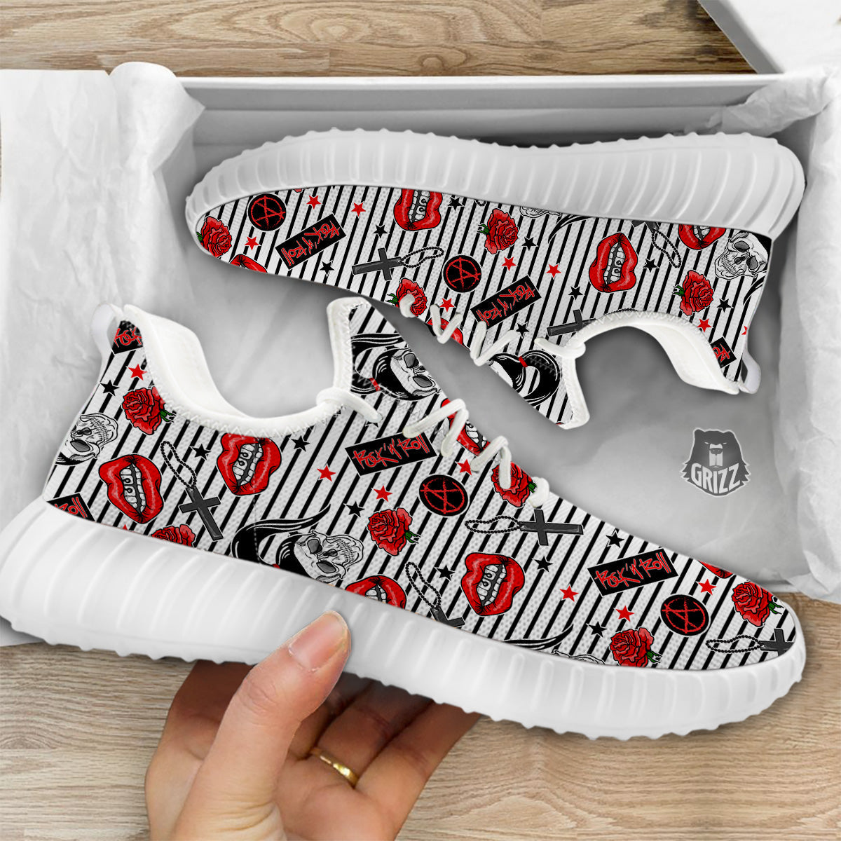 Rock’N’Roll Stiped White Black Print Pattern White Walking Shoes-grizzshop