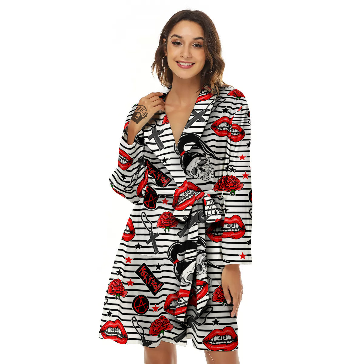 Rock’N’Roll Stiped White Black Print Pattern Women's Robe-grizzshop