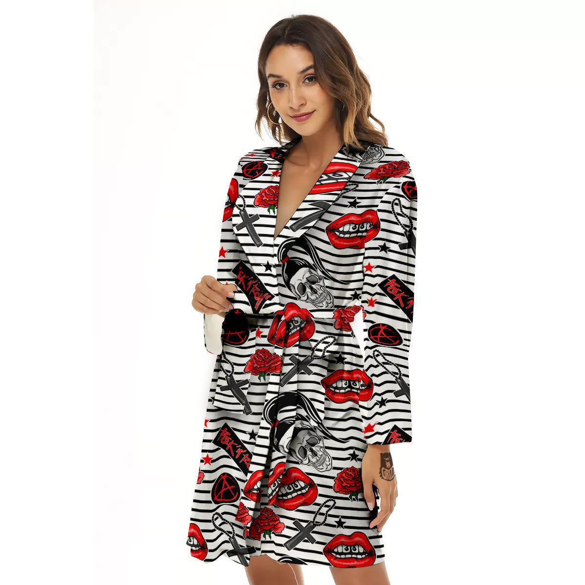 Rock’N’Roll Stiped White Black Print Pattern Women's Robe-grizzshop