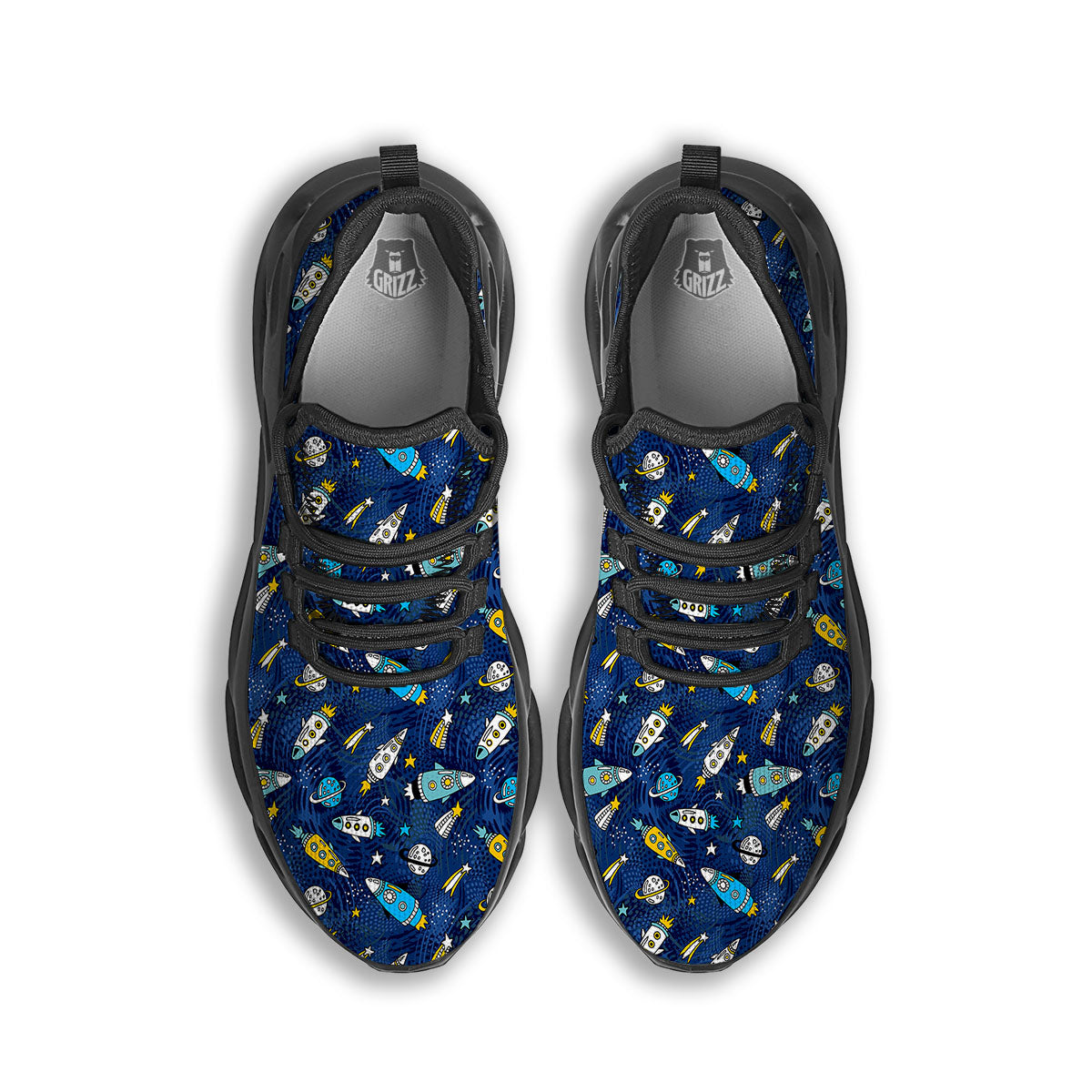 Rocket Doodle Print Pattern Black Running Shoes-grizzshop