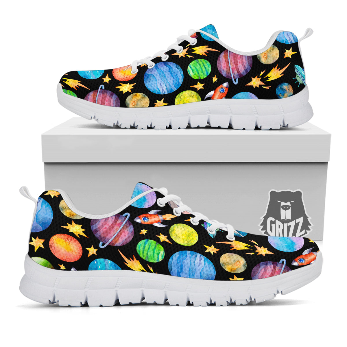 Rocket Watercolor Print Pattern White Sneaker-grizzshop