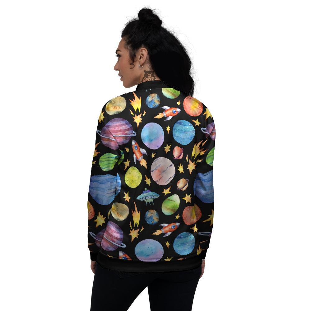 Rocket Watercolor Print Pattern Women's Bomber Jacket-grizzshop
