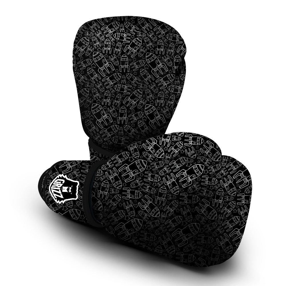 Rocket White And Black Print Pattern Boxing Gloves-grizzshop