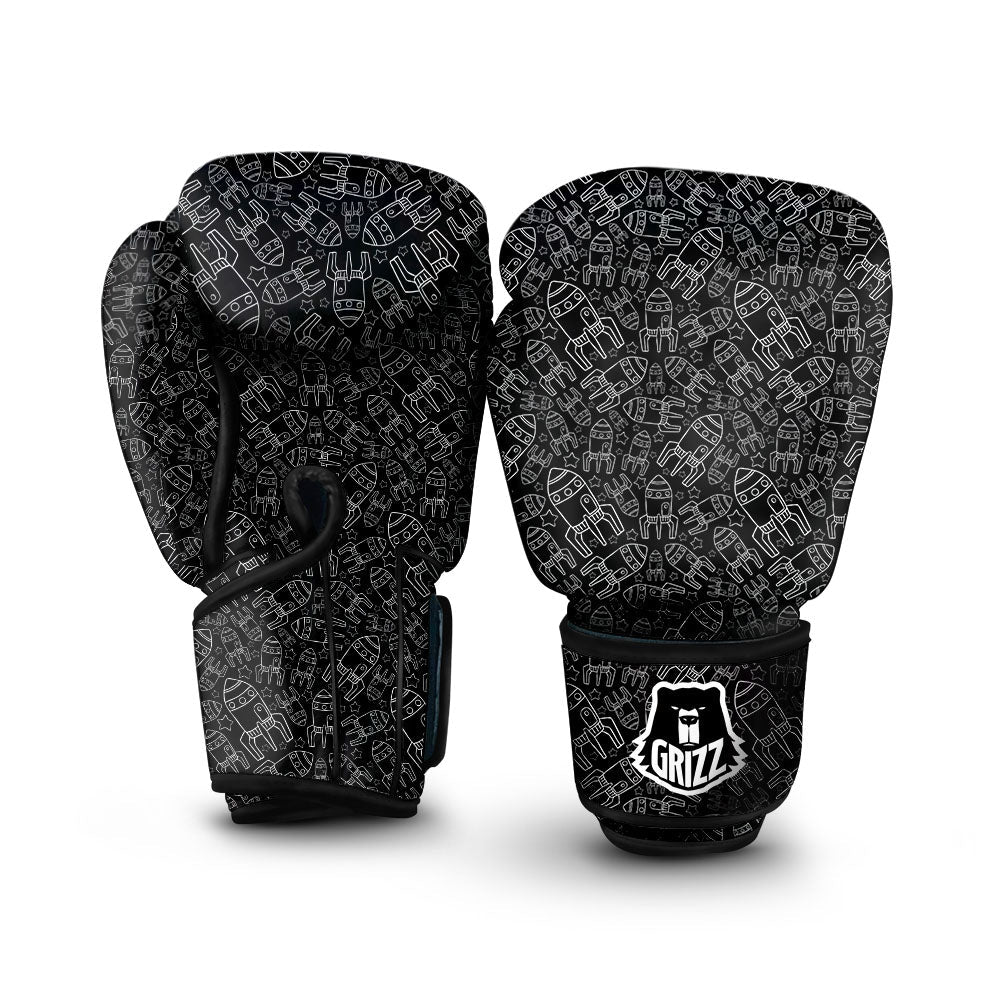 Rocket White And Black Print Pattern Boxing Gloves-grizzshop