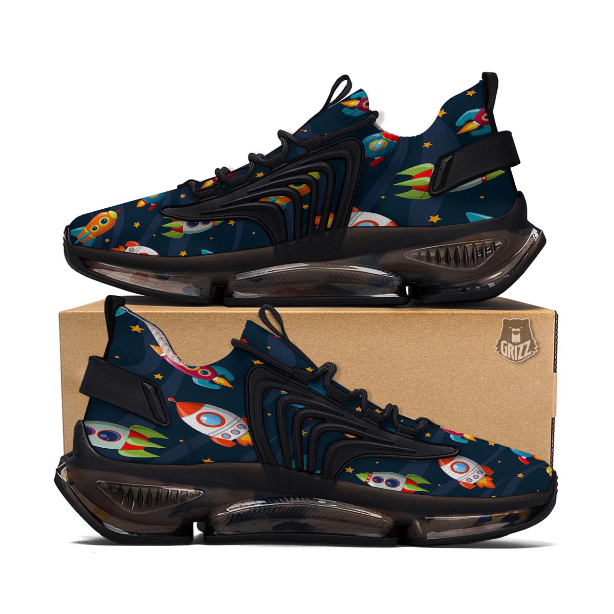 Rockets Space Print Pattern Black Gym Shoes-grizzshop