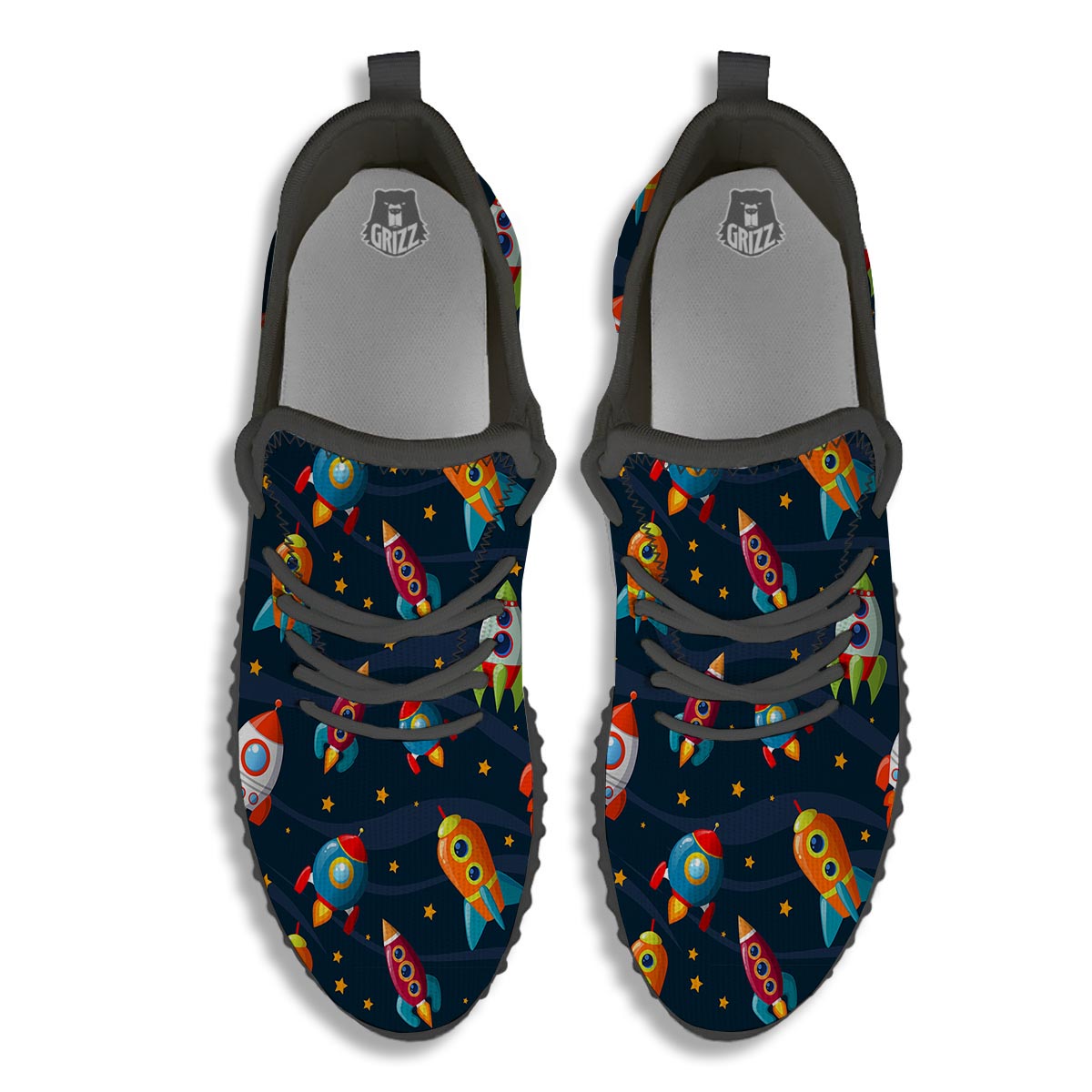Rockets Space Print Pattern Black Walking Shoes-grizzshop