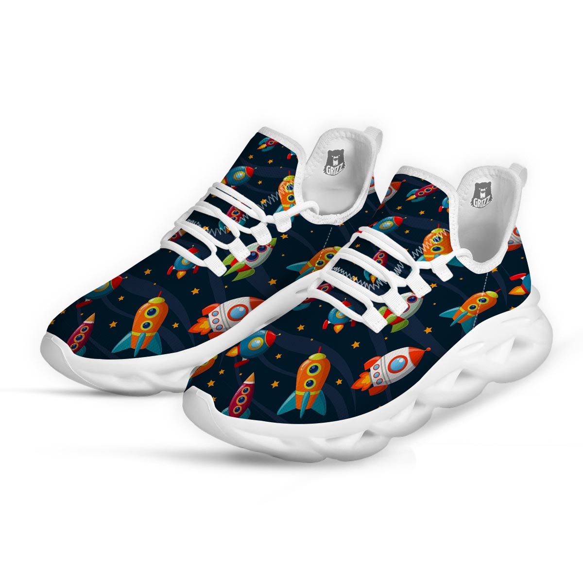 Rockets Space Print Pattern White Running Shoes-grizzshop