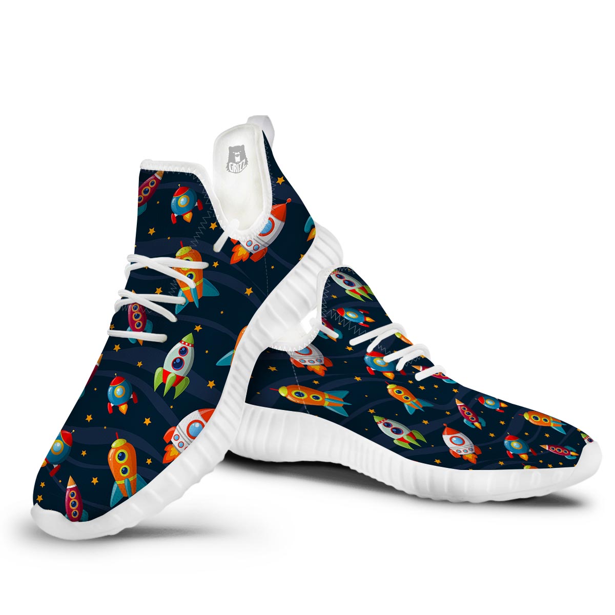 Rockets Space Print Pattern White Walking Shoes-grizzshop