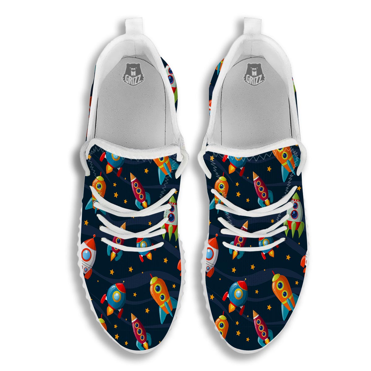 Rockets Space Print Pattern White Walking Shoes-grizzshop