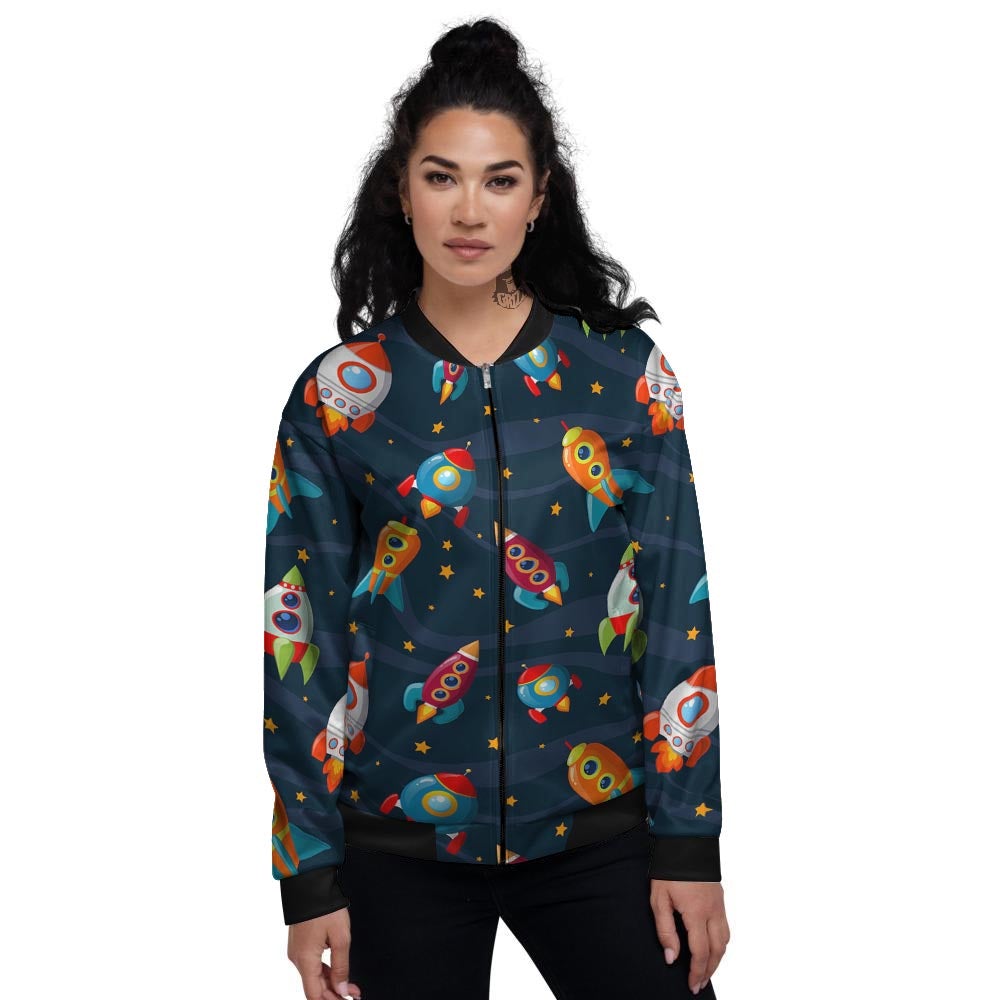 Rockets Space Print Pattern Women's Bomber Jacket-grizzshop