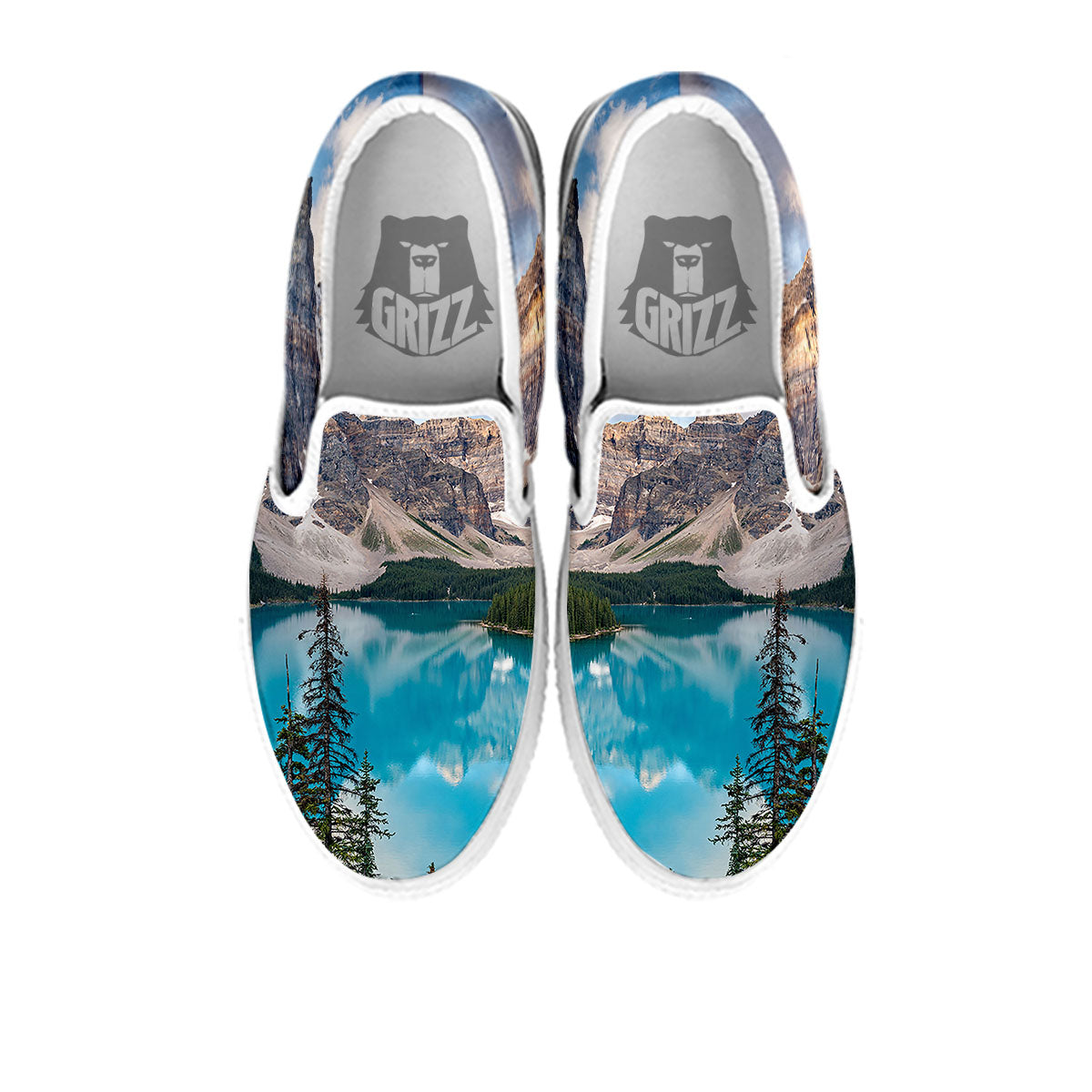 Rocky Mountain Print White Slip On Shoes-grizzshop