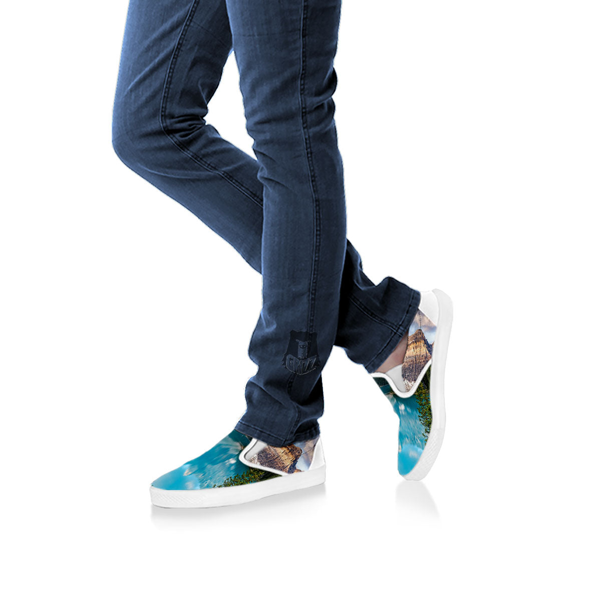 Rocky Mountain Print White Slip On Shoes-grizzshop