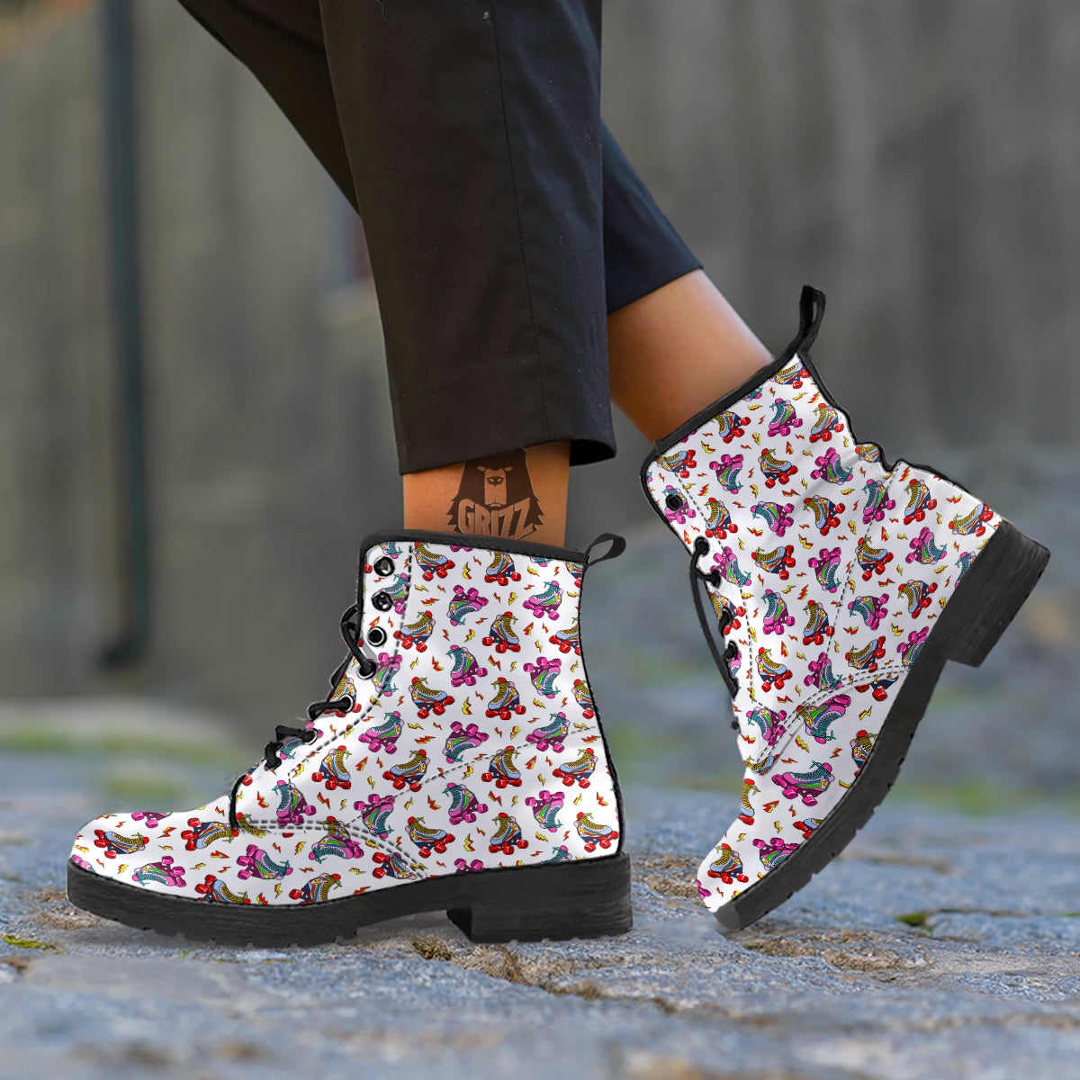 Roller Skates Lightning Print Pattern Leather Boots-grizzshop
