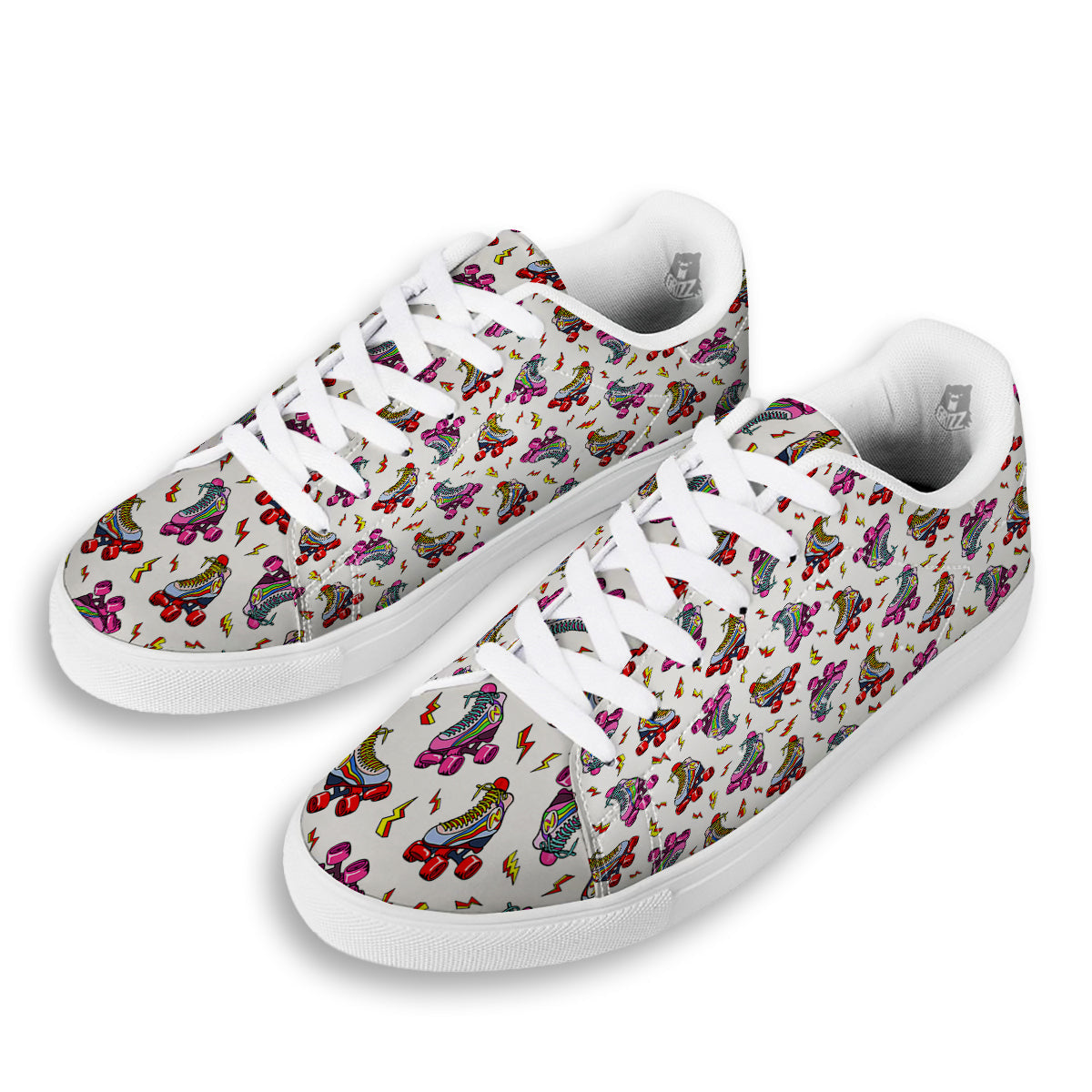 Roller Skates Lightning Print Pattern White Low Top Sneakers-grizzshop