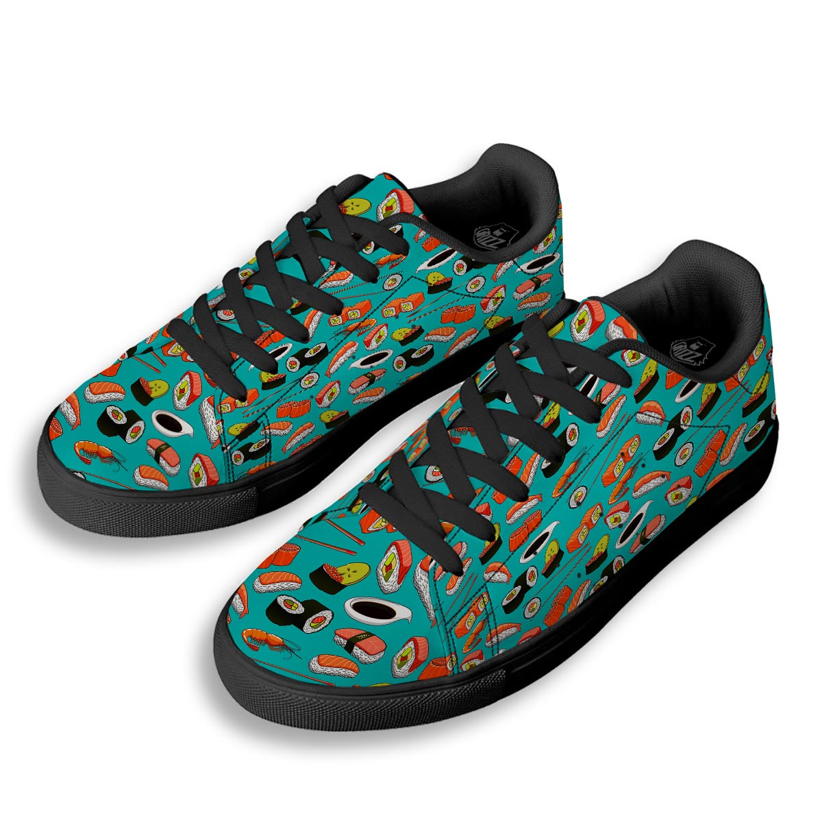Rolls And Salmon Sushi Print Pattern Black Low Top Sneakers-grizzshop