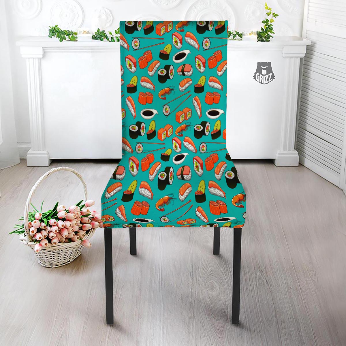 Rolls And Salmon Sushi Print Pattern Dining Chair Slipcover-grizzshop