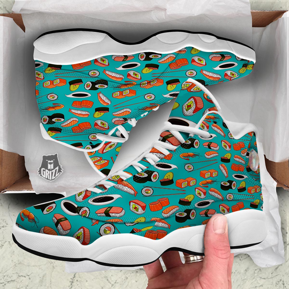 Rolls And Salmon Sushi Print Pattern White Basketball Shoes-grizzshop