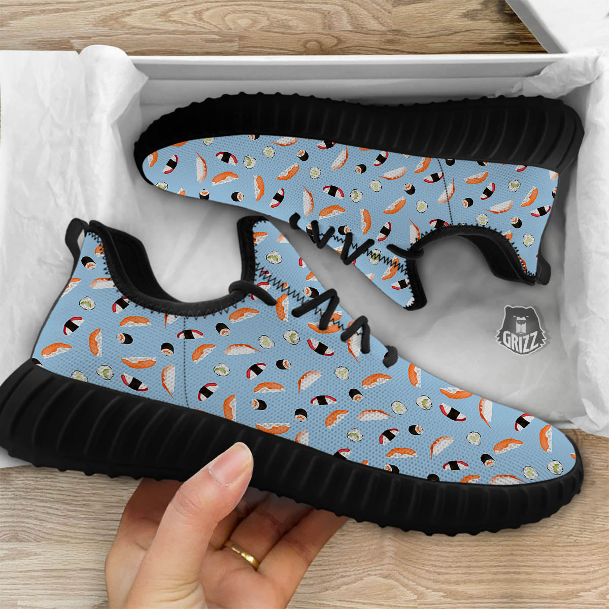 Rolls And Sushi Colorful Print Pattern Black Walking Shoes-grizzshop