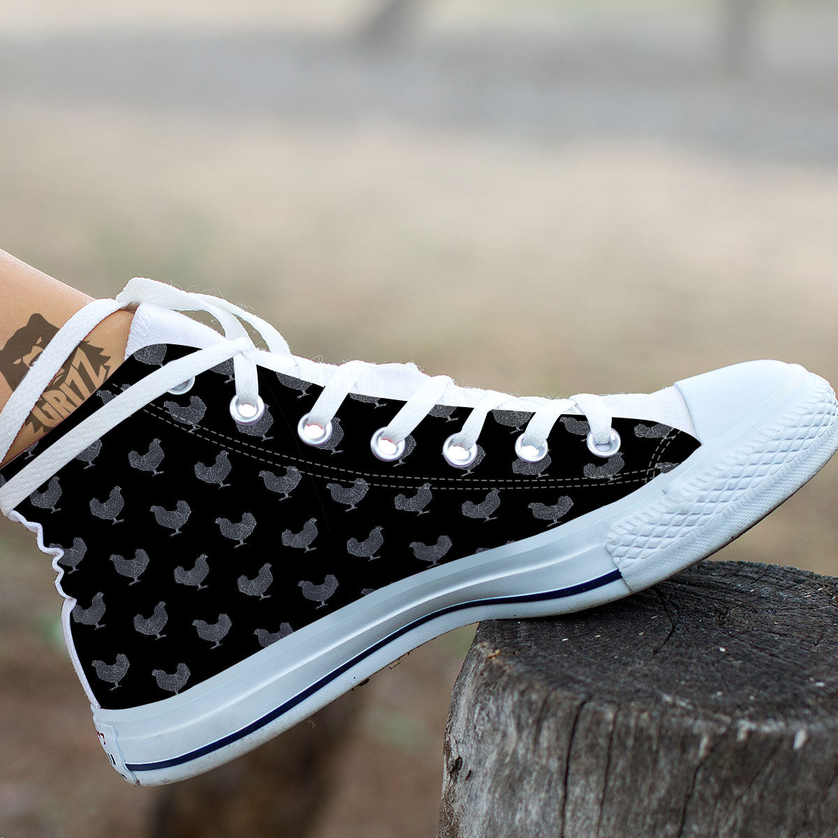 Rooster Black And White Print Pattern White High Top Shoes-grizzshop