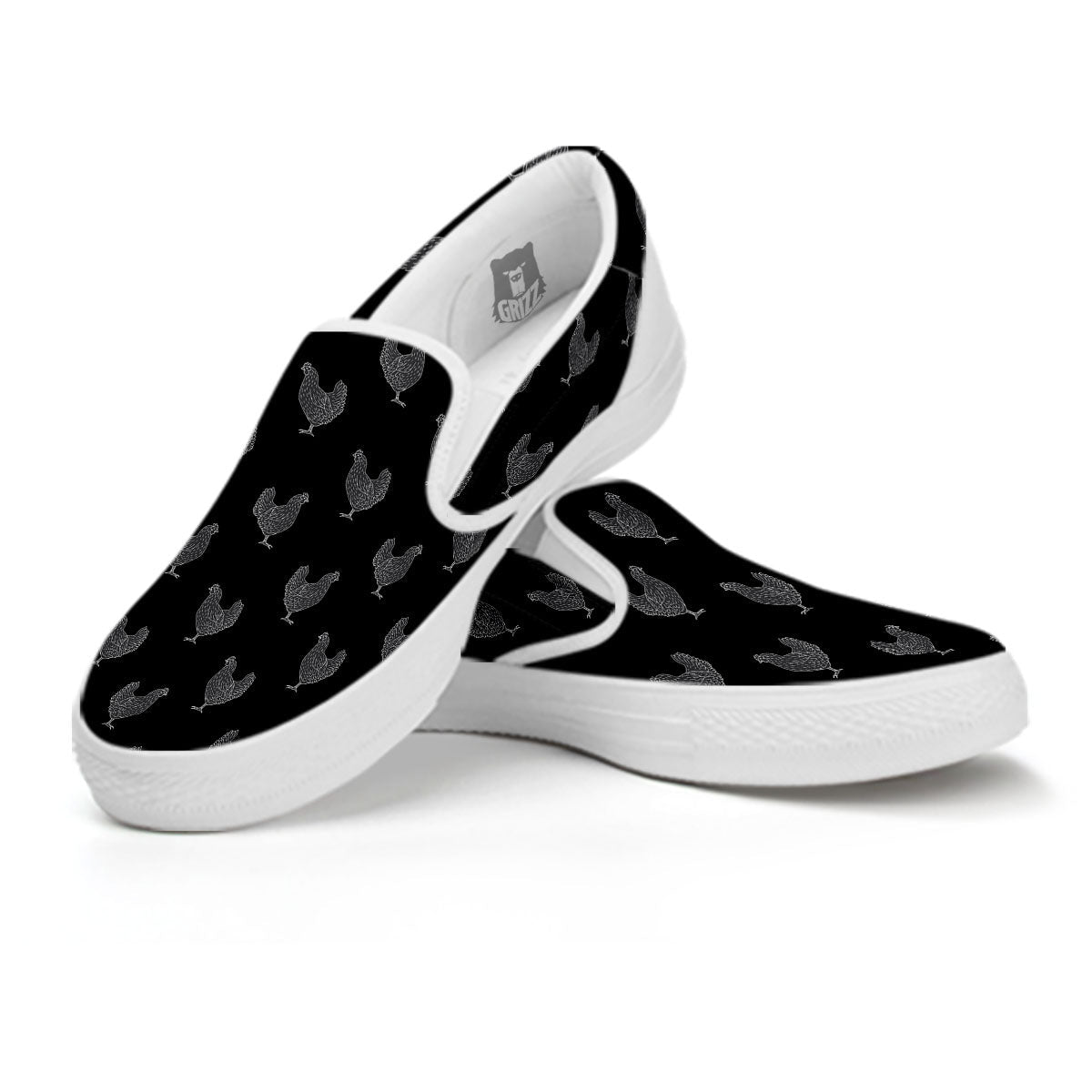 Rooster Black And White Print Pattern White Slip On Shoes-grizzshop
