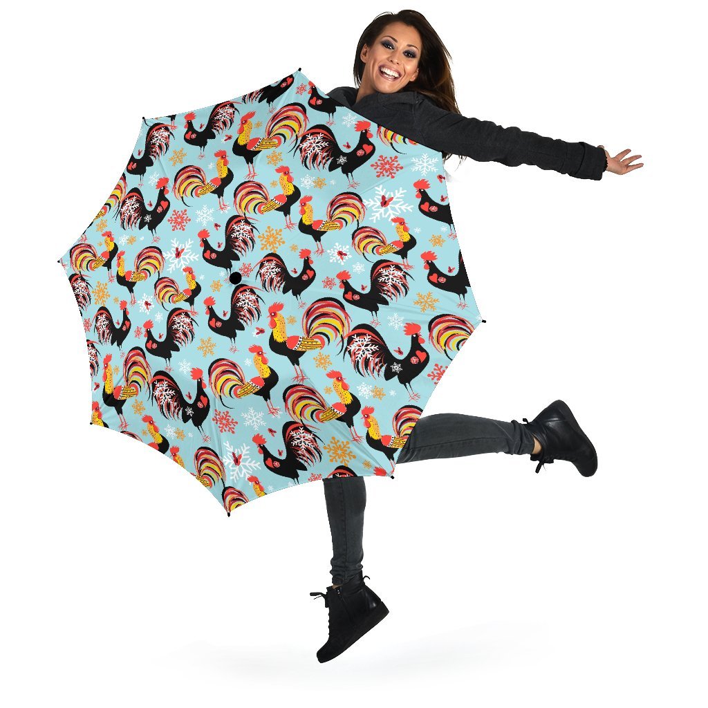 Rooster Blue Pattern Print Automatic Foldable Umbrella-grizzshop