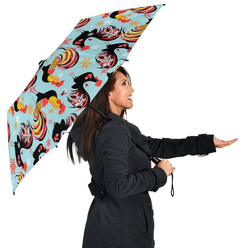 Rooster Blue Pattern Print Automatic Foldable Umbrella-grizzshop