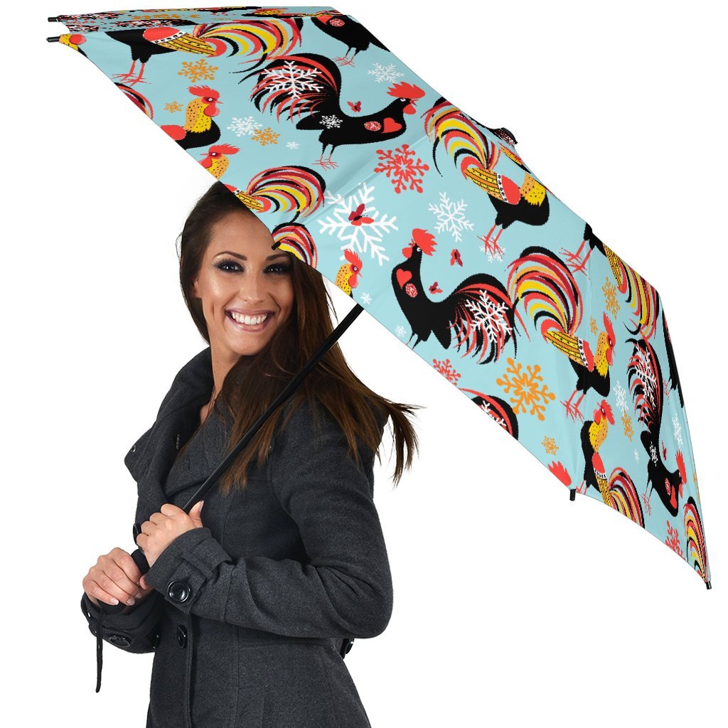 Rooster Blue Pattern Print Automatic Foldable Umbrella-grizzshop