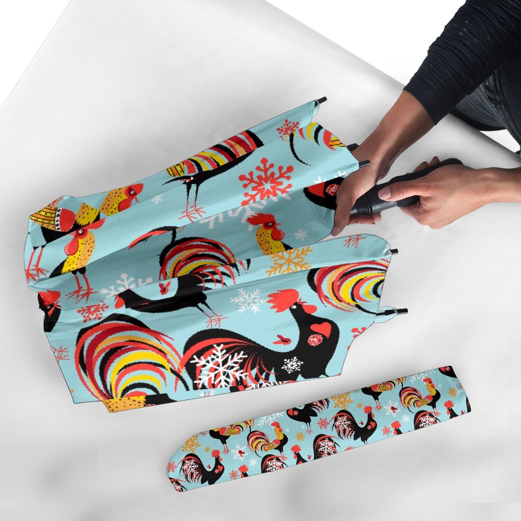 Rooster Blue Pattern Print Automatic Foldable Umbrella-grizzshop