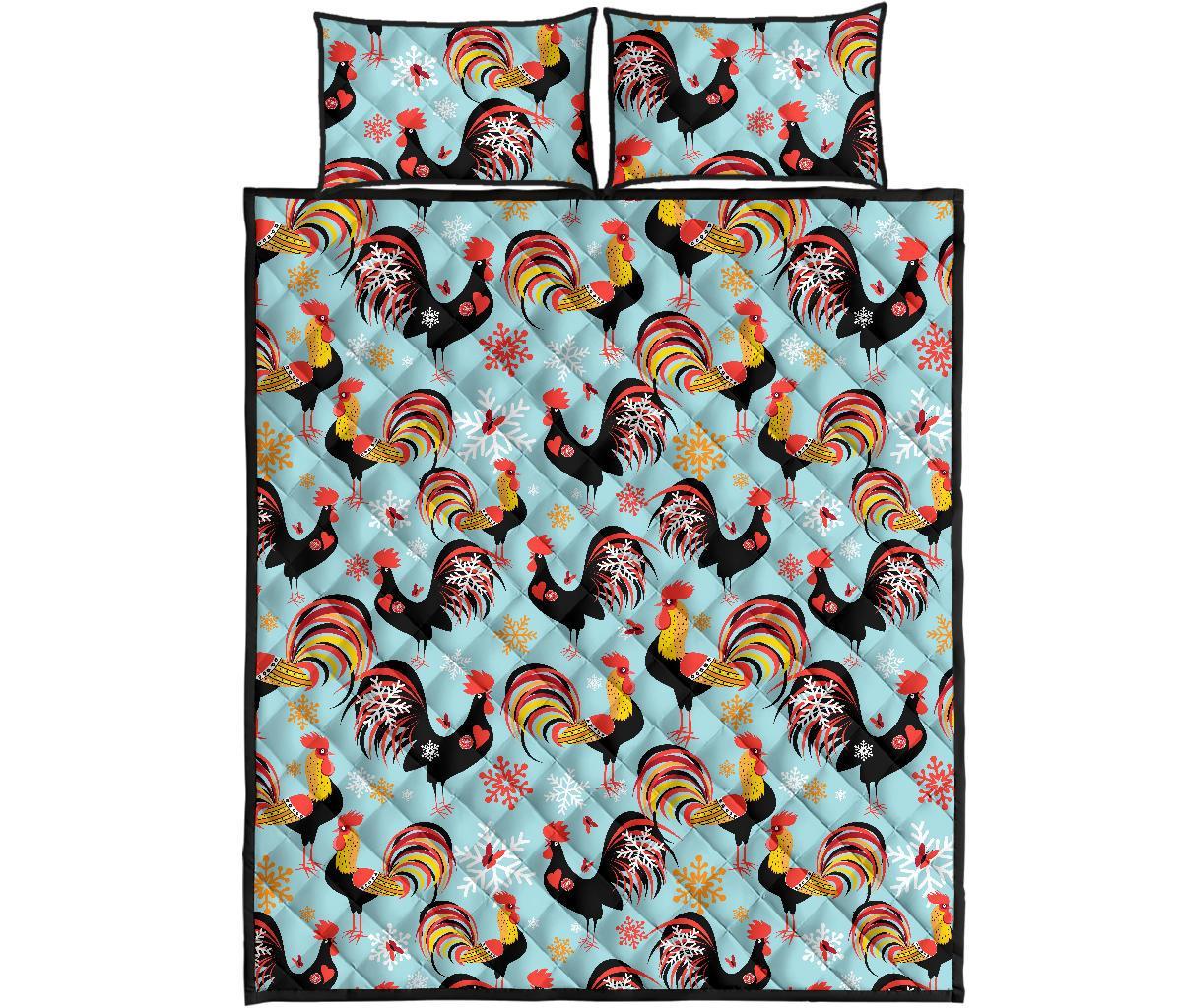 Rooster Blue Pattern Print Bed Set Quilt-grizzshop