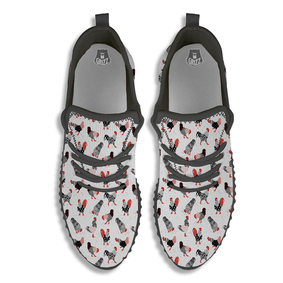 Rooster Chinese Print Pattern Black Walking Shoes-grizzshop