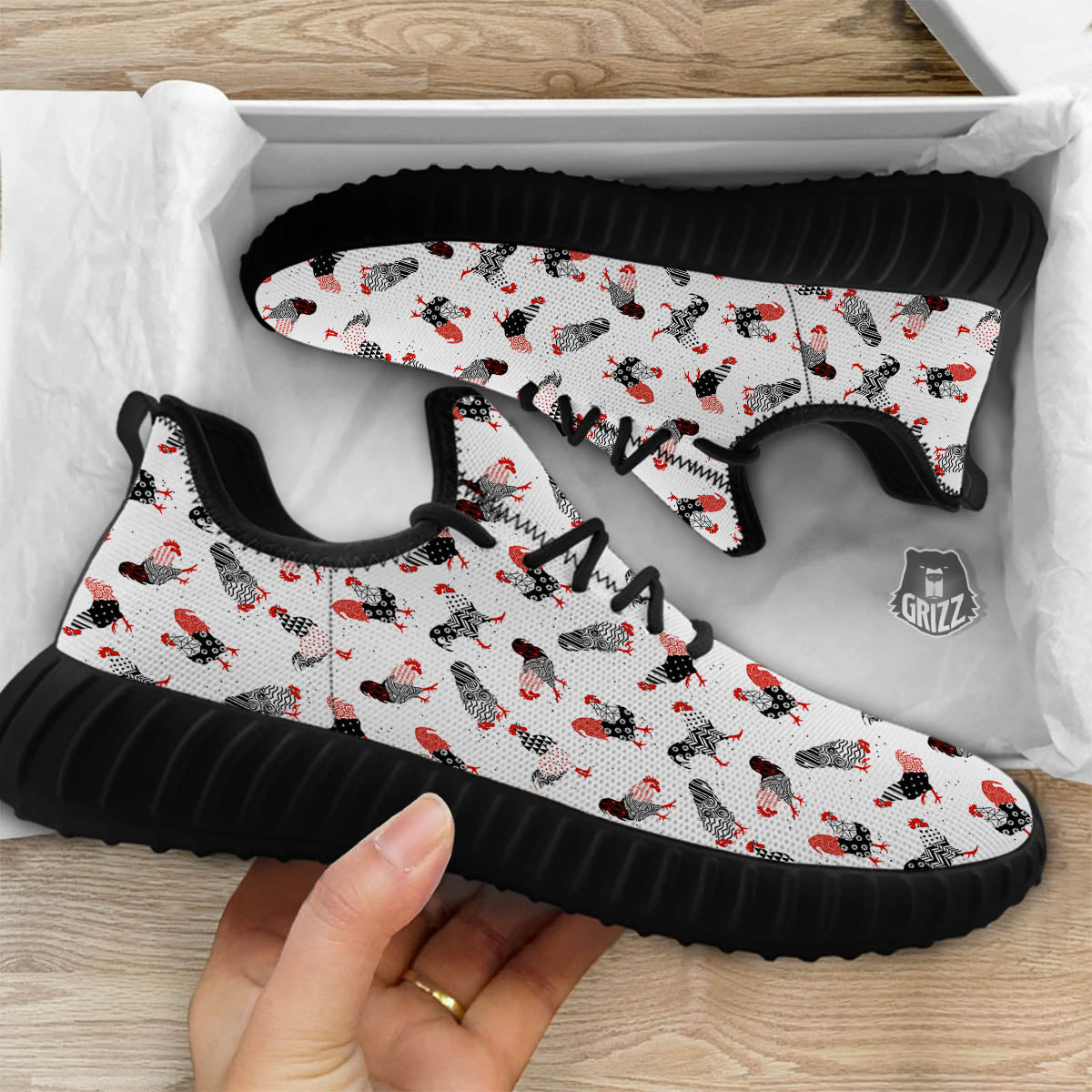 Rooster Chinese Print Pattern Black Walking Shoes-grizzshop