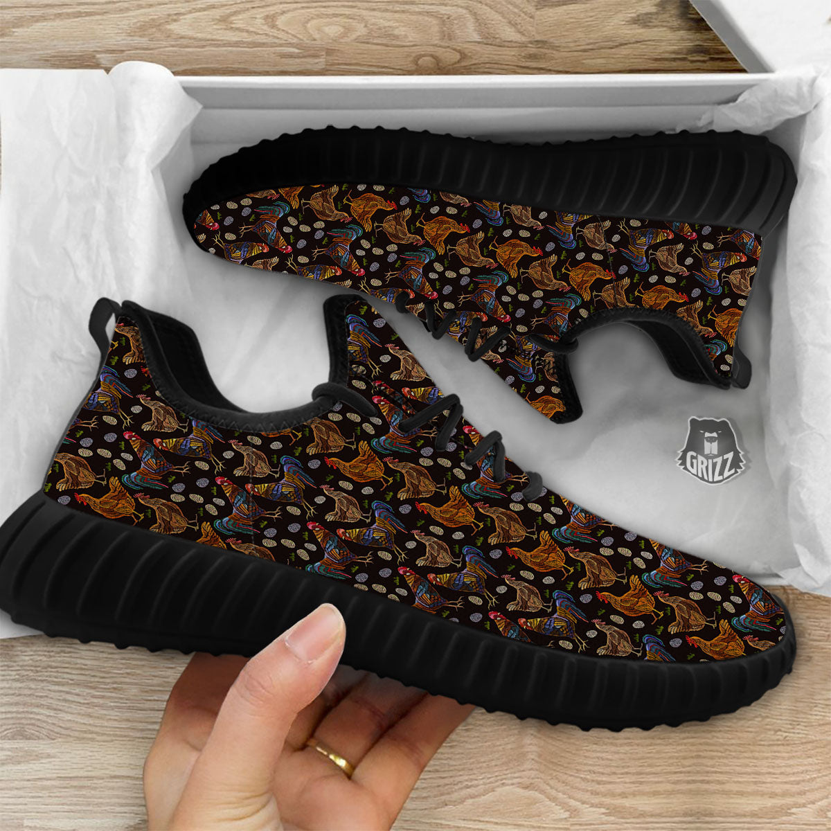 Rooster Embroidery Print Pattern Black Walking Shoes-grizzshop