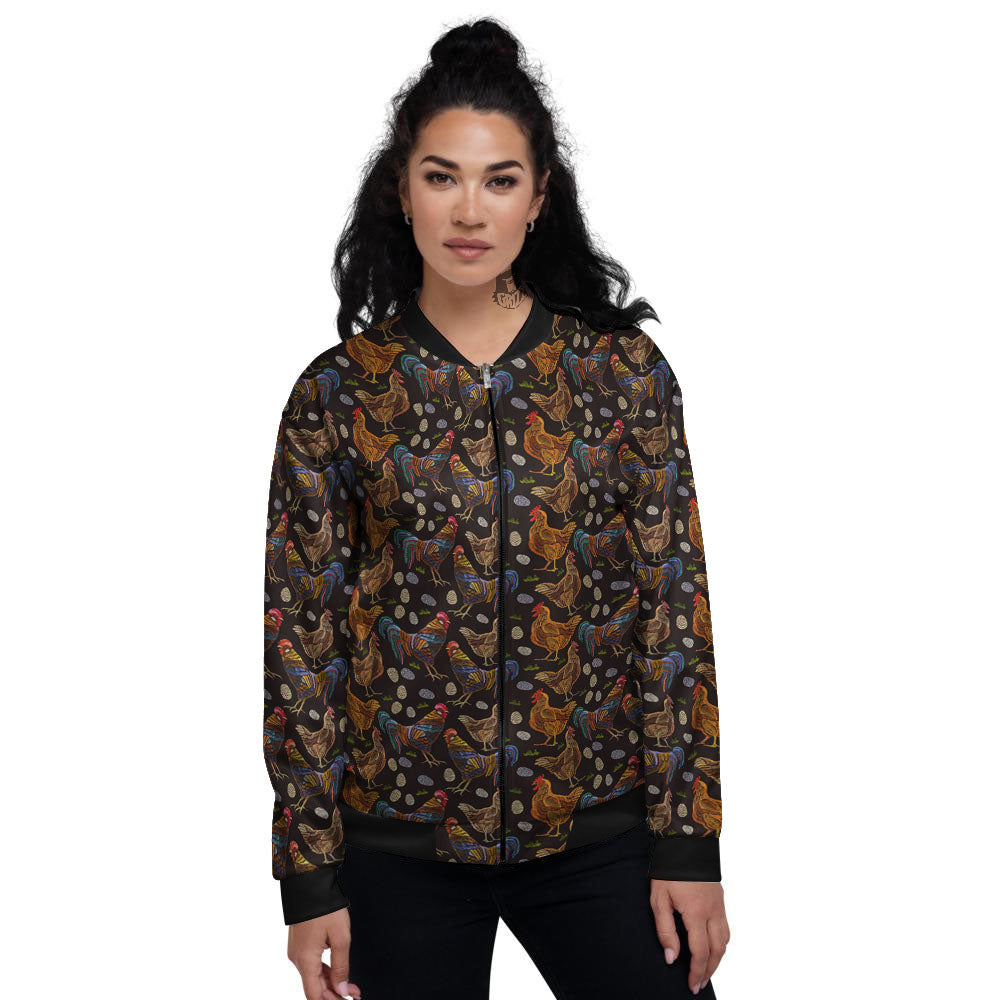 Rooster Embroidery Print Pattern Women's Bomber Jacket-grizzshop