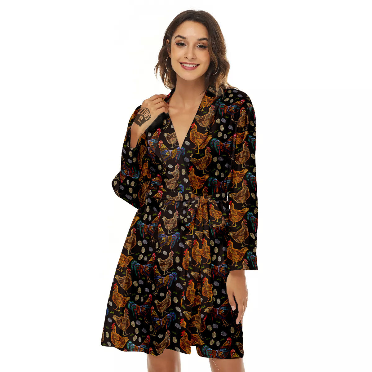 Rooster Embroidery Print Pattern Women's Robe-grizzshop