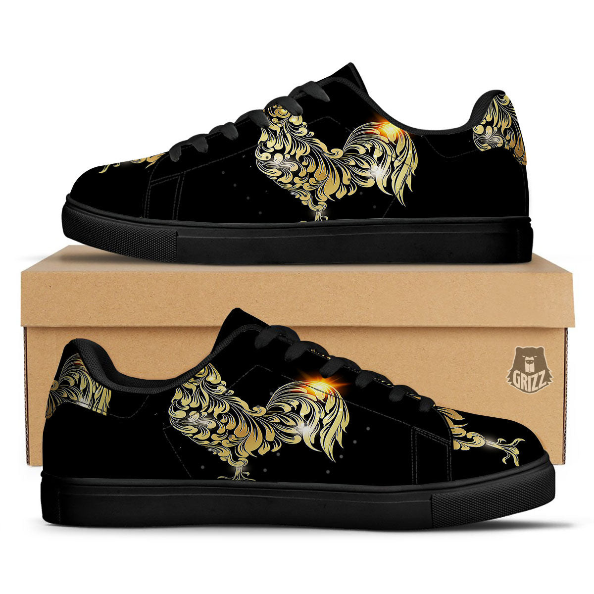 Rooster Golden Print Black Low Top Sneakers-grizzshop