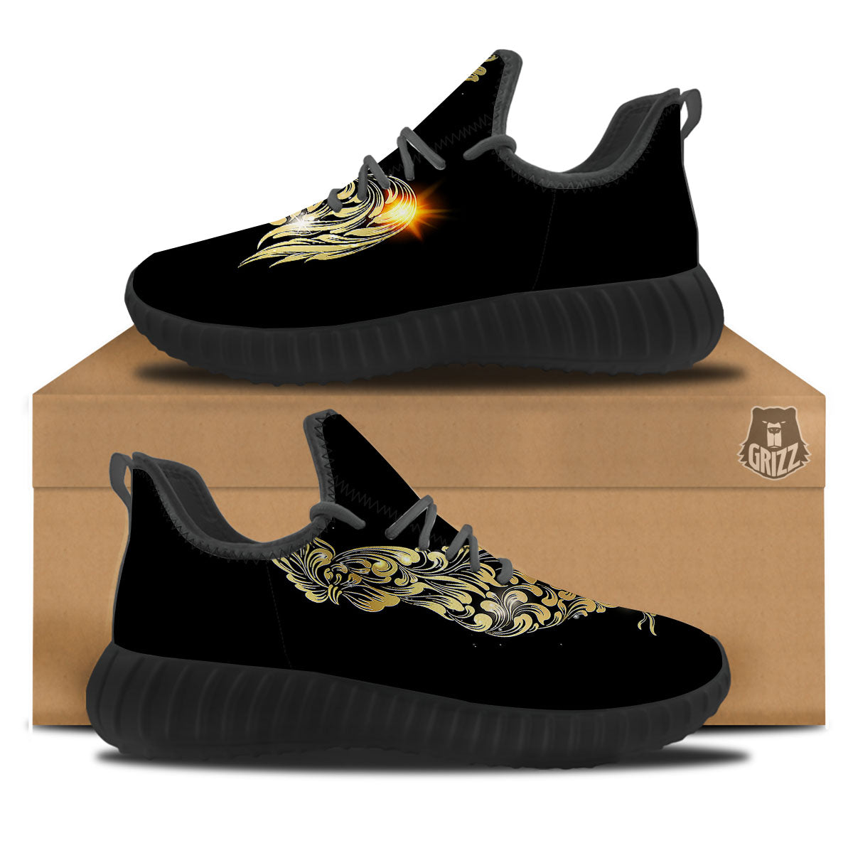 Rooster Golden Print Black Walking Shoes-grizzshop