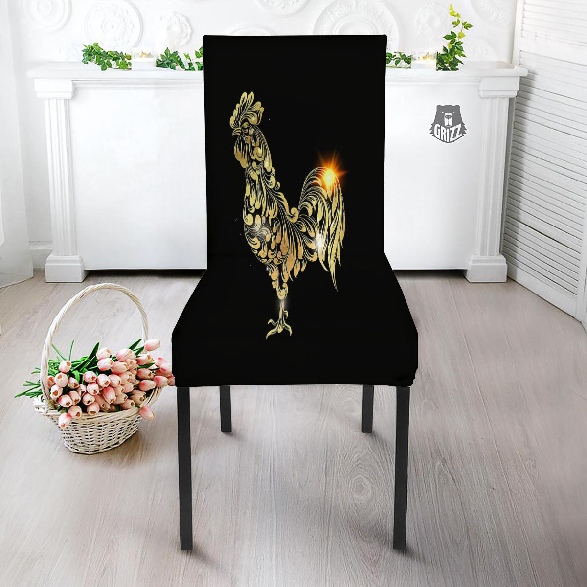 Rooster Golden Print Dining Chair Slipcover-grizzshop