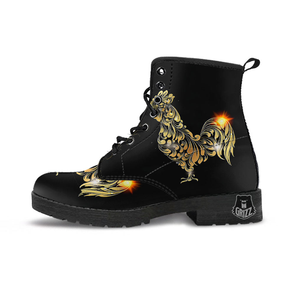 Rooster Golden Print Leather Boots-grizzshop